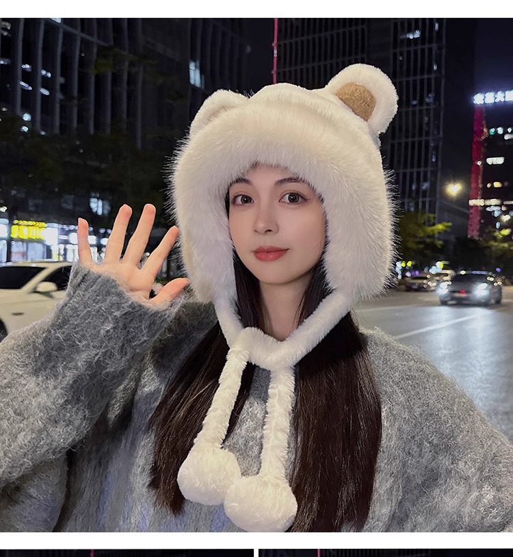 秋冬季可爱小熊毛绒绒百搭护耳包头帽女加厚套头防寒保暖加厚帽子详情13