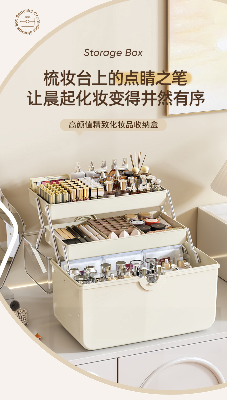 Cosmetics storage box, cross-border folding three-layer transparent visible large-capacity desktop magic tool, compartments and organization box pic 6