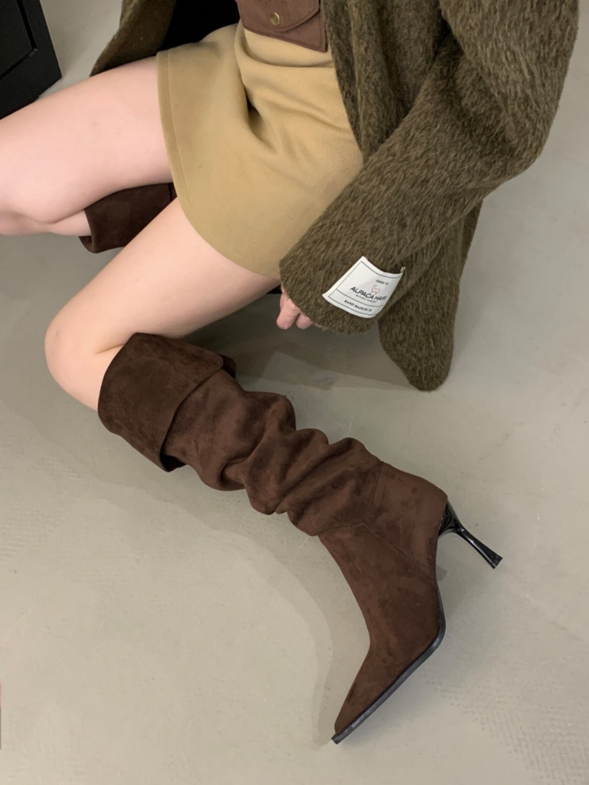 法式一靴多穿高细跟尖头堆堆过膝靴女春秋款侧拉链复古瘦瘦过膝靴详情28