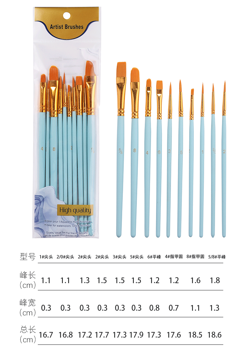 跨境亚马逊儿童美术套装10支塑料长杆水粉丙烯油画画笔尼龙材质DIY绘画工具详情6
