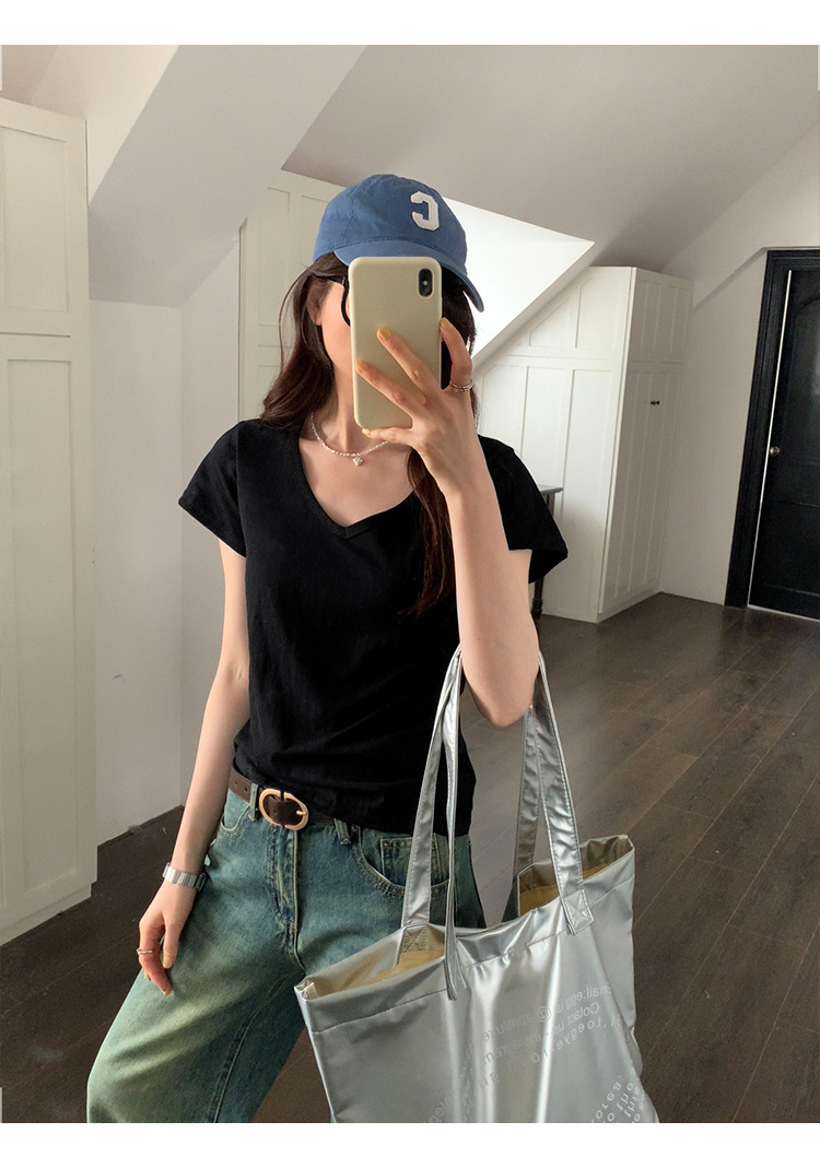 简约百搭V领纯色休闲短袖T恤女2024夏季新款轻薄透气宽松显瘦上衣详情35