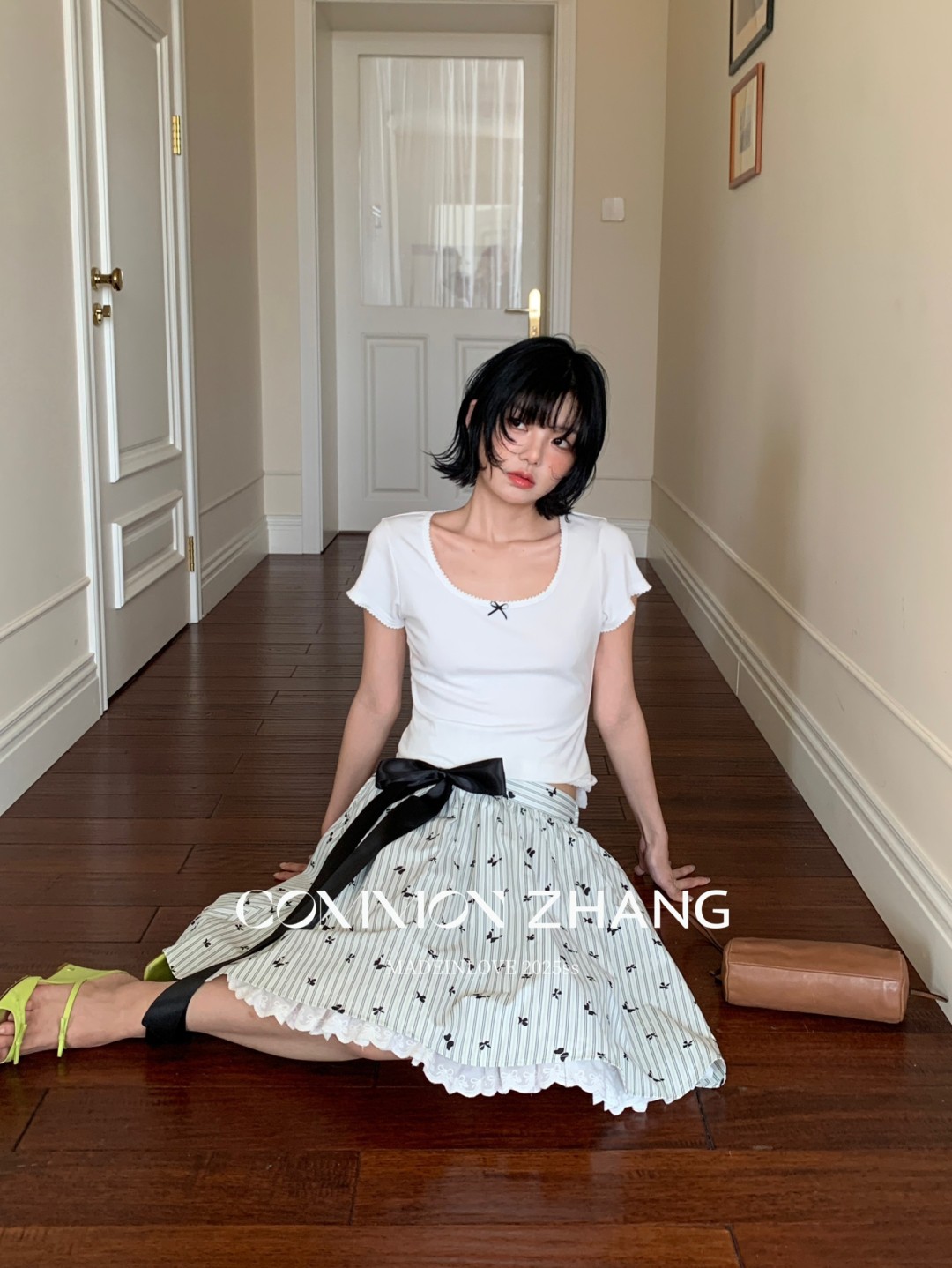 CZ ZHANG夏季韩版少女感减龄蝴蝶结拼接U领纯色天丝短袖T恤B20757详情27