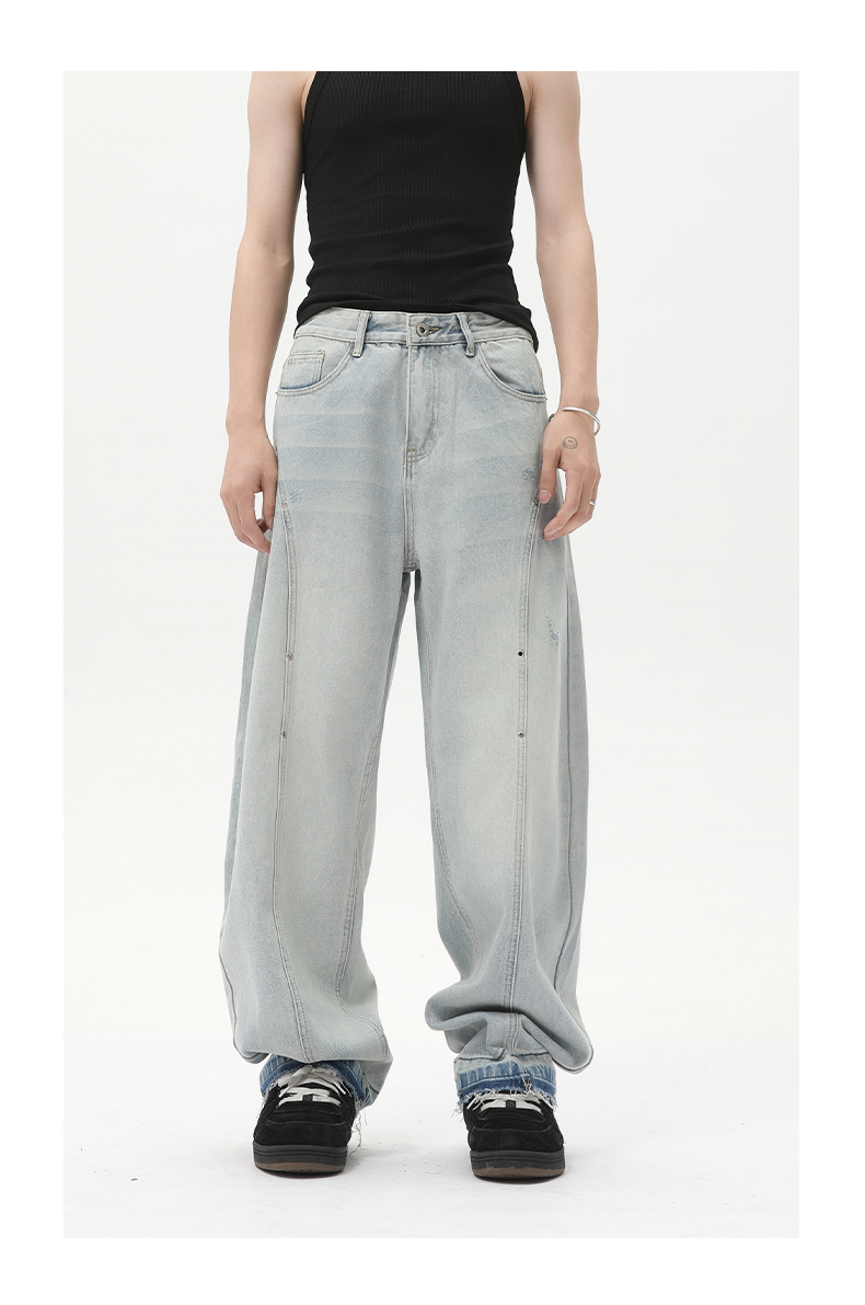 MTLCLOTHES男装| 小众设计感浅色阔腿牛仔裤宽松显瘦直筒弯刀裤潮详情8