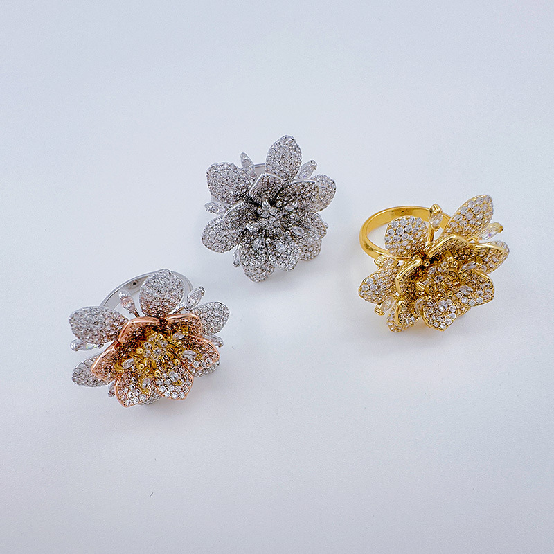 Bergamota cross border split color flor full diamond anillo mujer francés ins viento frío anillo DIY holder vacío handwear pic 8