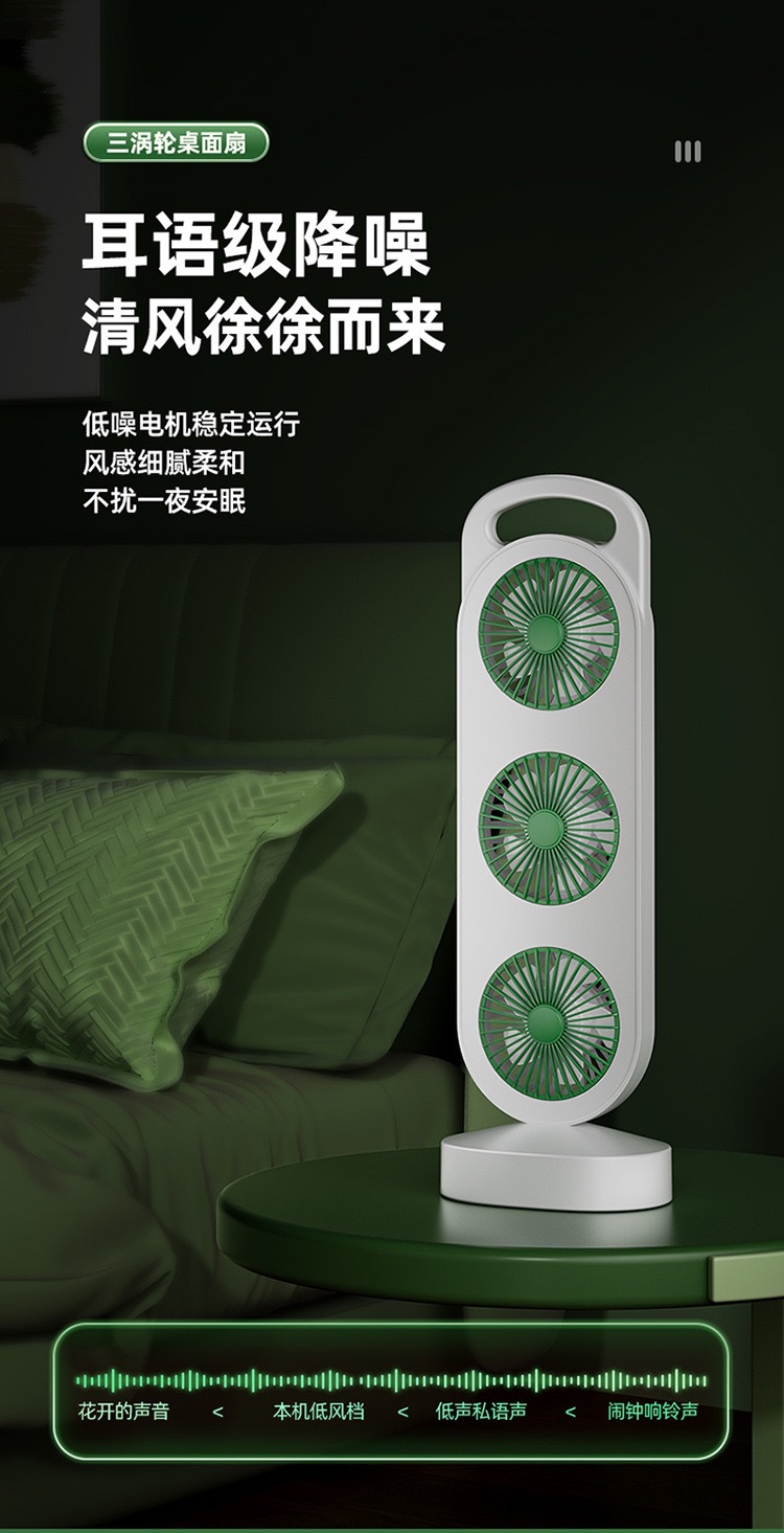 新款三扇头大风力台式桌面风扇USB 充电便携家用户外宿舍风扇批发详情12