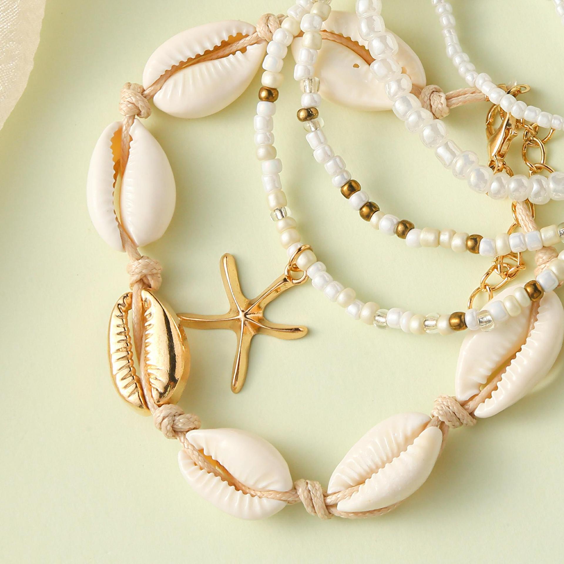 欧美跨境沙滩贝壳时尚风饰品银白米珠贝壳七件套脚链沙滩简约风详情2