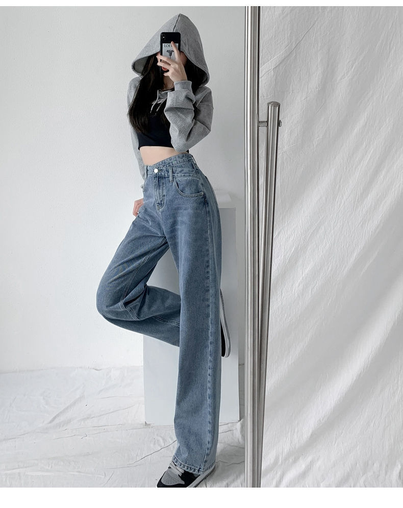 Irregular loose straight-leg jeans are versatile for women. Regular slanted high-waisted pants that make you look petite. Wide-leg floor-length pants pic 14