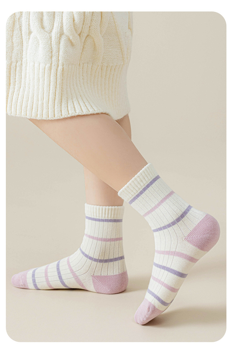 女童袜子精梳棉A类标准春秋卡通萌宠条纹字母紫色中筒学生无骨袜详情12