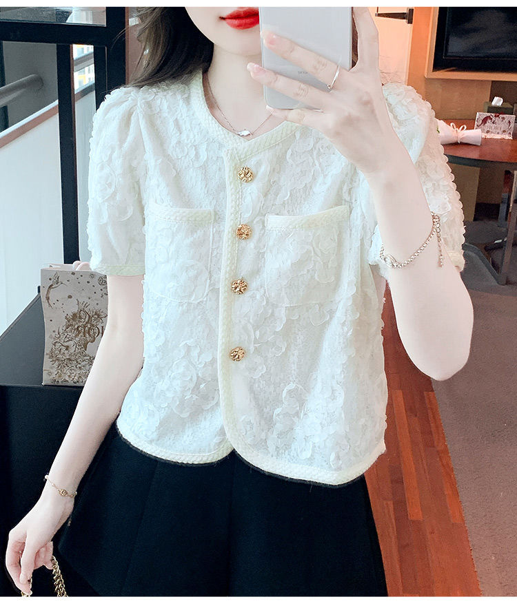 小香风圆领雪纺短袖衬衫女2025夏新款高级感蕾丝气质修身短款上衣详情2