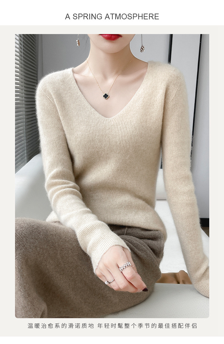 一线成衣100纯羊毛衫女圆领修身显瘦毛衣抽条V领羊绒针织打底内搭详情2