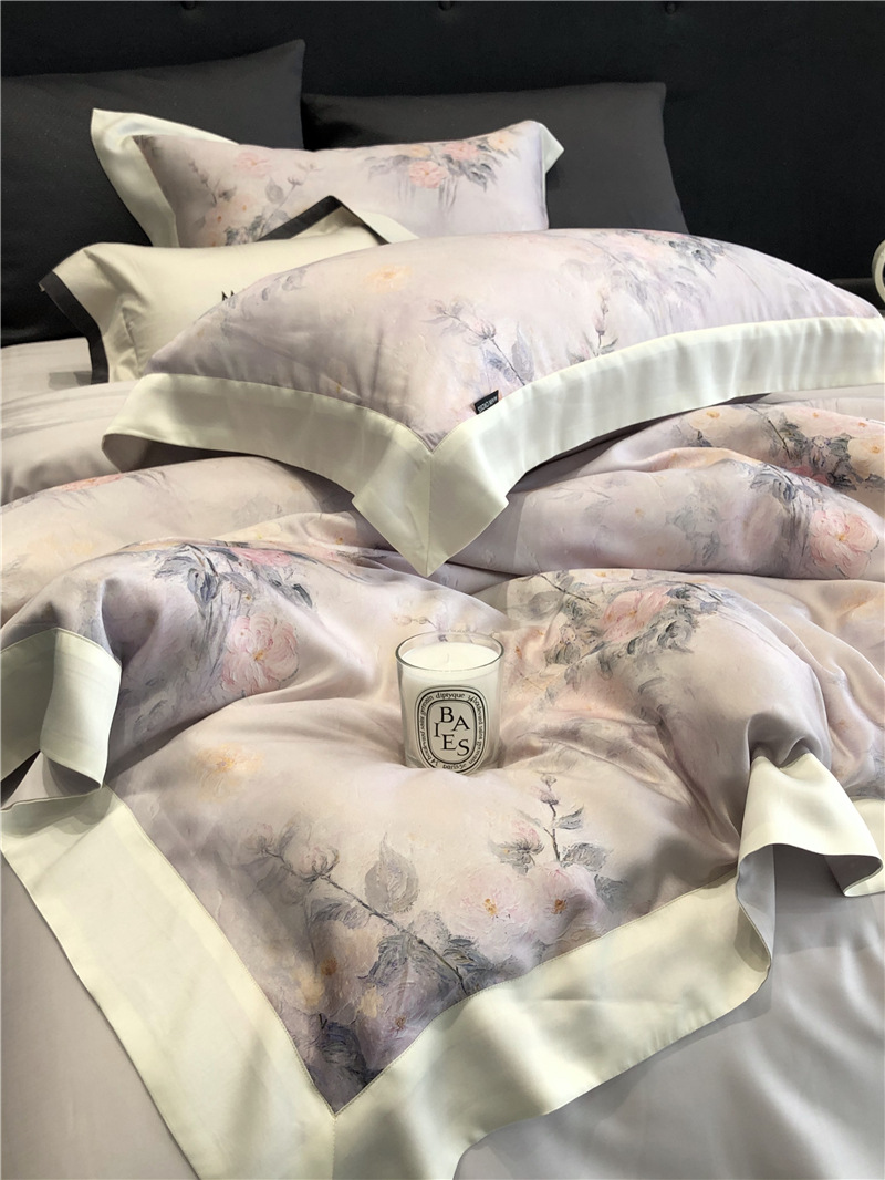 Cool ultra-fine denier Tencel summer light and cool condensation filament four-piece set, elegant printed sweat-absorbing nude bedding pic 14