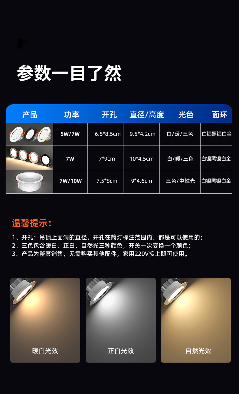 家用筒灯led天花射灯5w嵌入式开孔7.5cm客厅吊顶牛眼孔灯洞灯简灯详情15