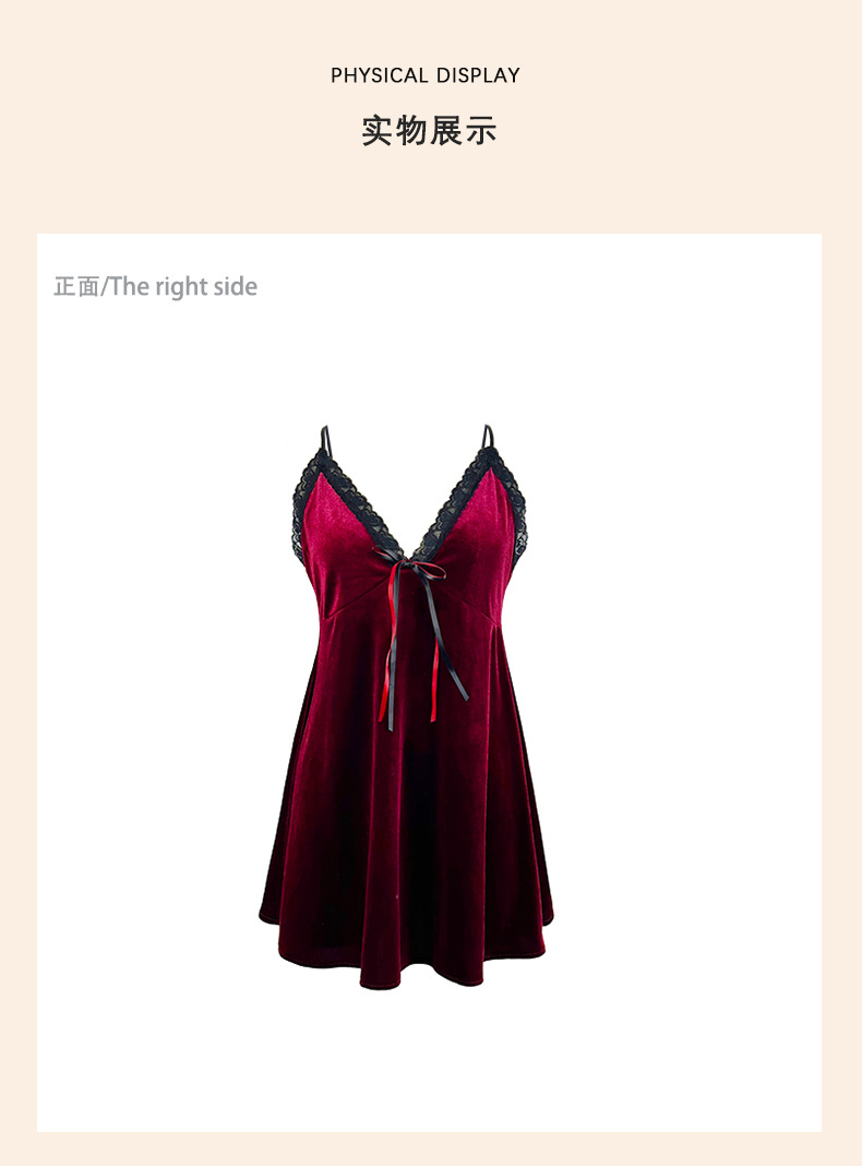 Retro velvet pearl chain backless nightgown for women, sexy deep V lace bow, multi-color home wear 987 pic 17