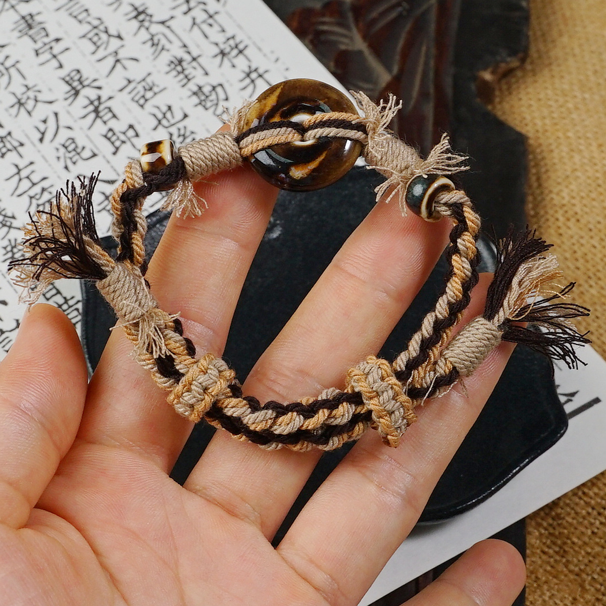 Jingdezhen Ceramic Heavy Industry Rope Weaving Tibetan-style design hand-woven rope safety pendant accessory, the same style as Xiaohongshu bracelet for women pic 3