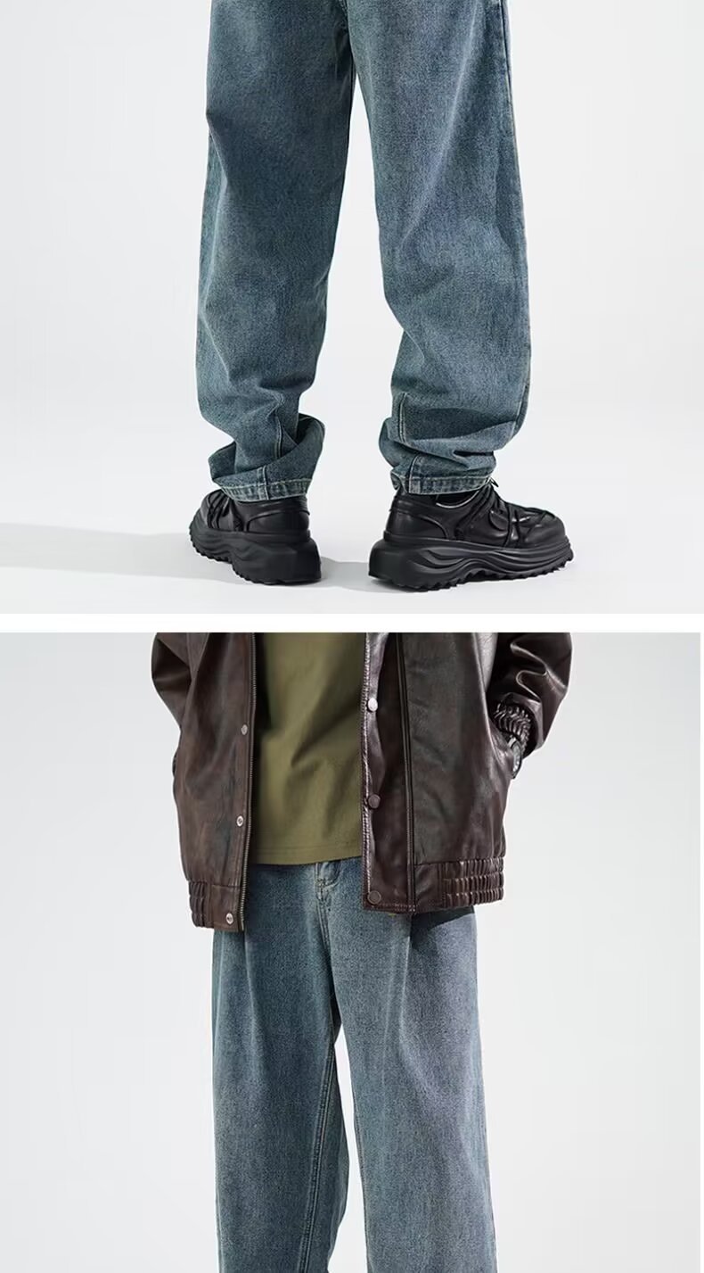 FUIV American-style jeans for men, washed and aged, high street straight, loose, trendy brand wide-leg long pants for men pic 14