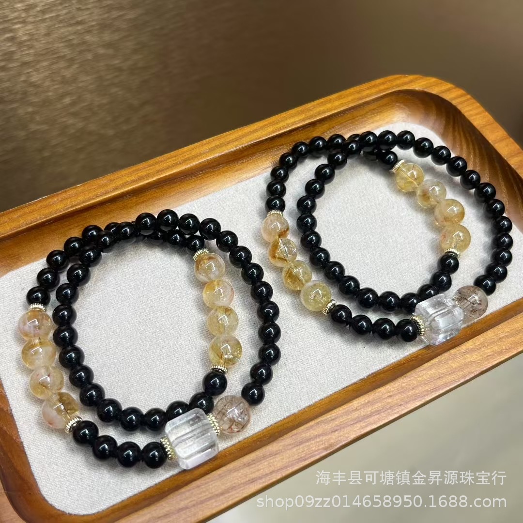 天然黑曜石双圈手链搭黄塔晶黑金超手串白水晶方糖时尚女批发直播详情3
