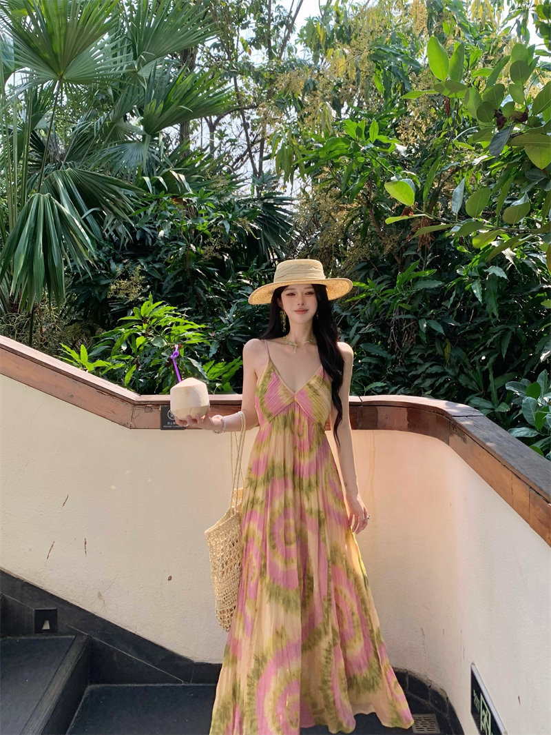 法式油画晕染黄色碎花吊带连衣裙泰国海边度假沙滩裙长裙女夏详情18
