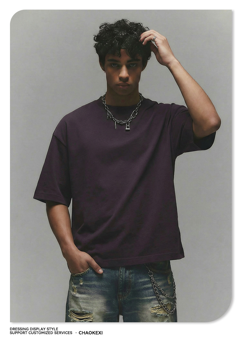 New pure cotton American-style solid-color youth T-shirt for men, 280g washed and aged trendy short-sleeved top custom-made pic 21