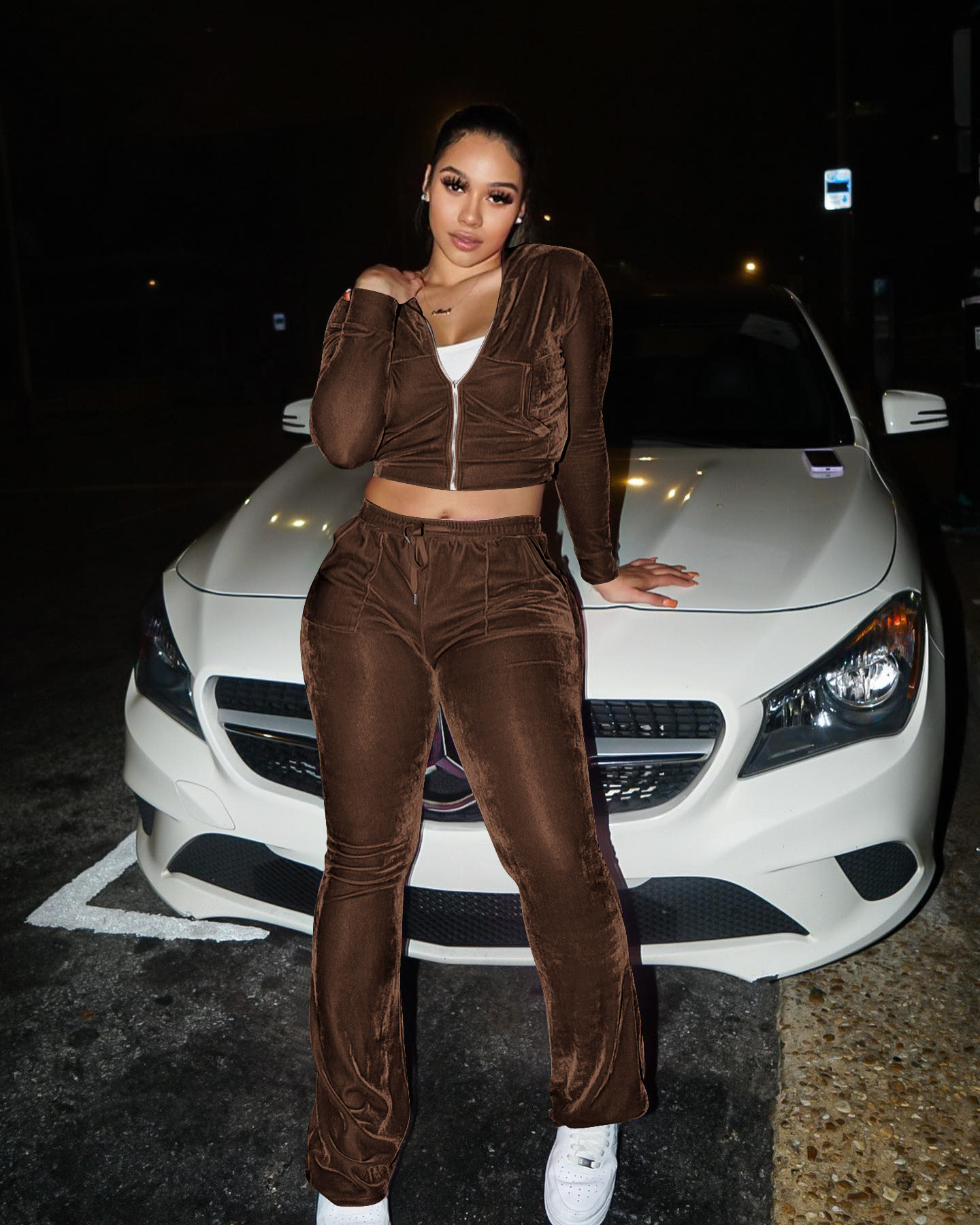 Solid color gold velvet wide-leg pants two-piece set pic 90