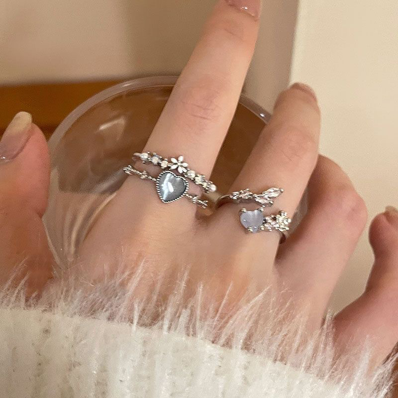 海蓝爱心月光锆石开口戒指女轻奢小众设计感食指戒气质可调节指环详情4