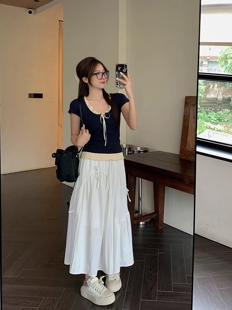 2025夏季新款芭蕾风假两件正肩短袖t恤女修身显瘦bm短款上衣详情6