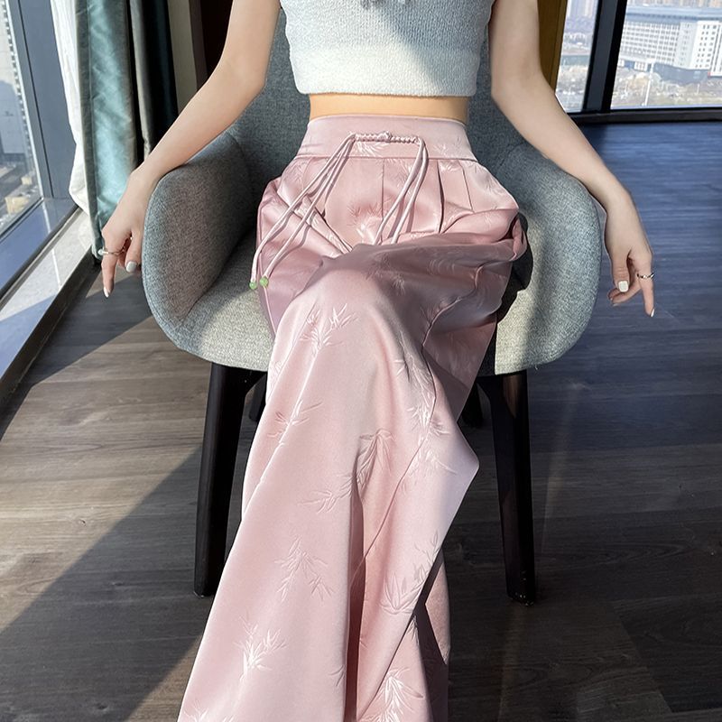 New Chinese-style satin jacquard wide-leg pants for women, Spring/Summer 2025 new button-up high-waisted, slimming straight-leg casual trousers pic 17