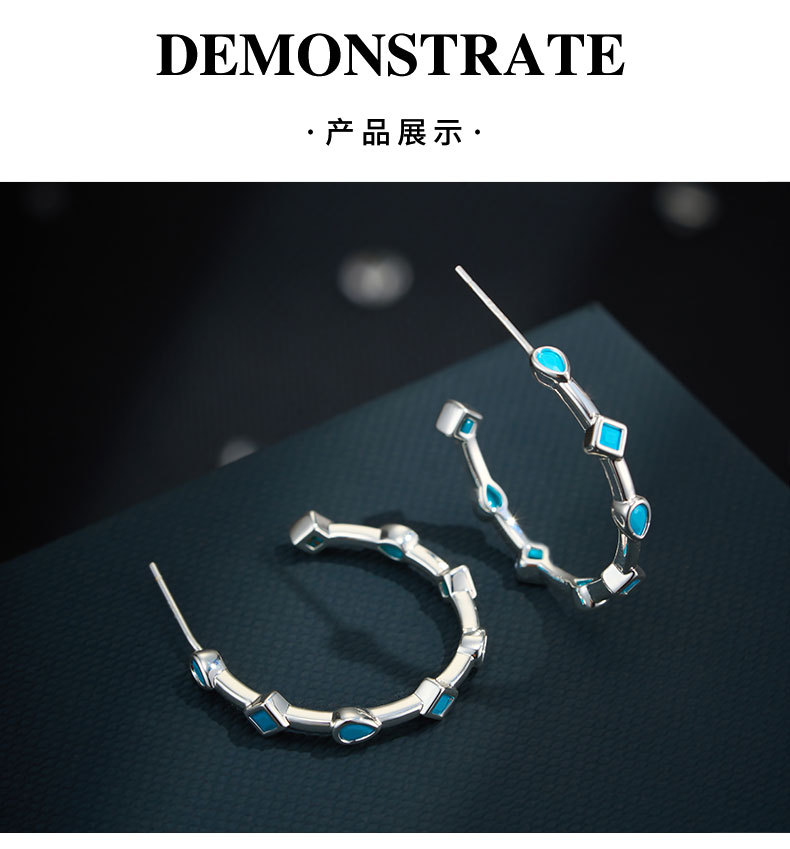 Source factory light luxury geometric C-shaped opening large earring, copper alloy inlaid with blue pine S925 silver needle, versatile earrings pic 6