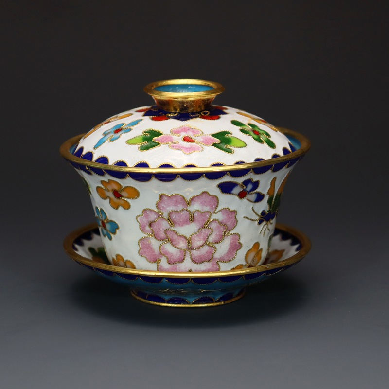 Beijing Cloisonne craft cultural gift and decorative items: copper body, cloisonne enamel, filigree, silver blue, large and small tea bowls and covered bowls pic 12