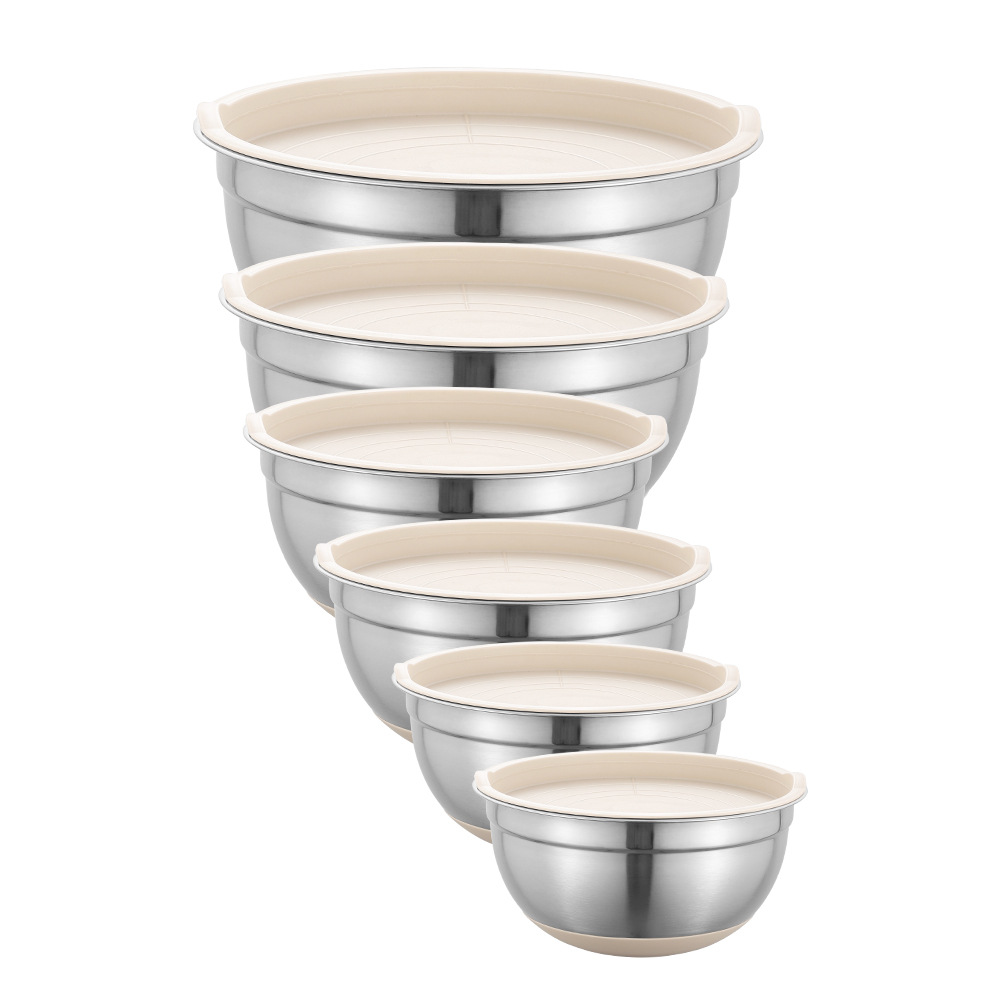 Stainless steel salad bowl, khaki black silicone bottom, anti-slip cover, grater, egg beater set, baking mixing bowl pic 20