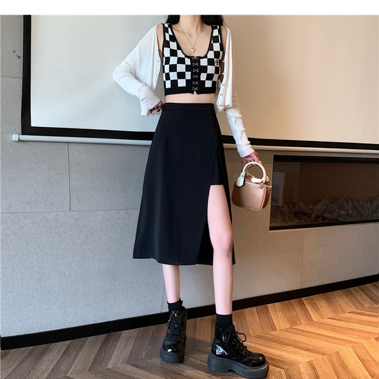 秋冬半身裙中长款2024新款女黑色开叉不规则气质时尚高腰包臀裙子详情7