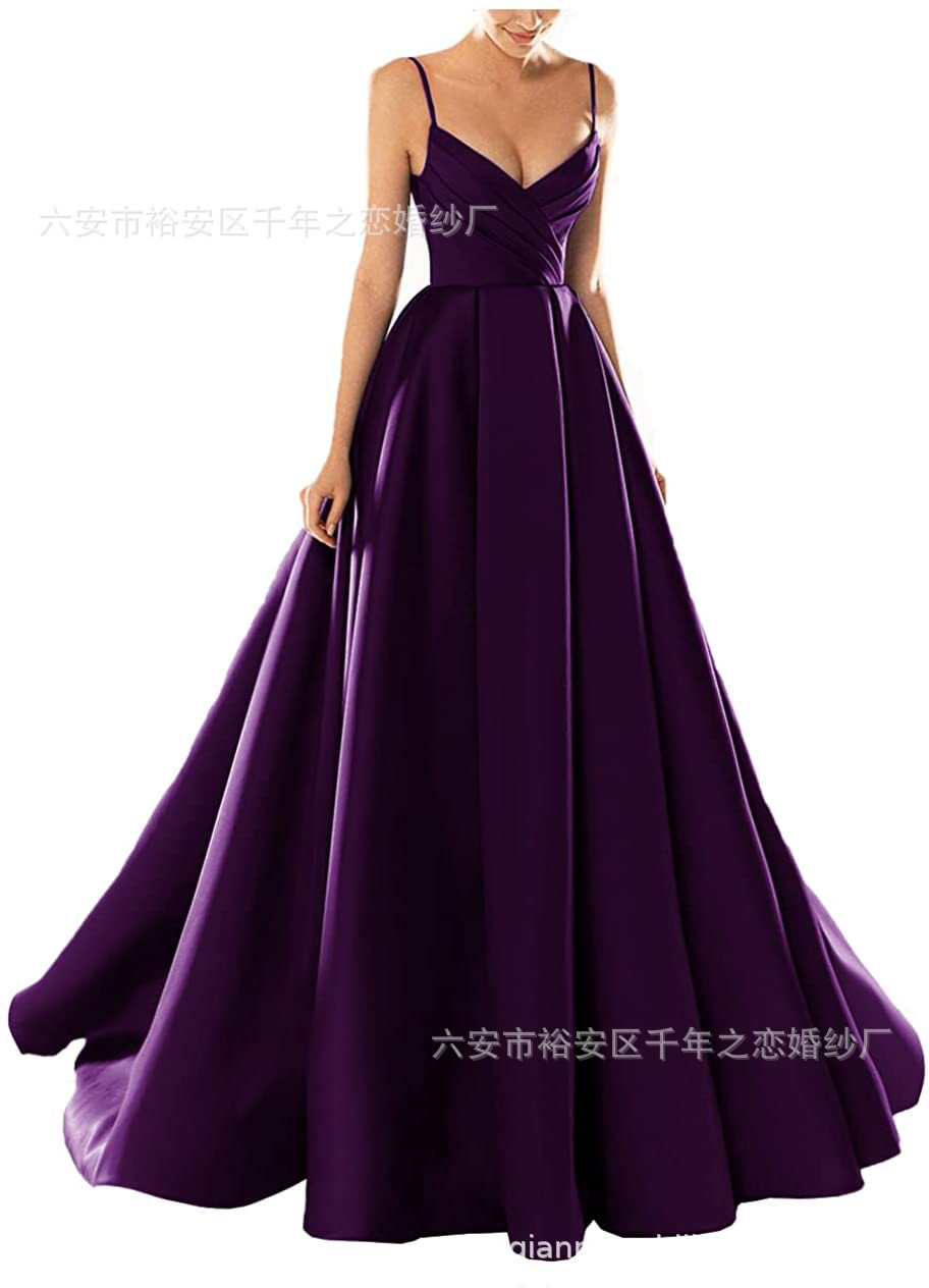 晚礼服欧美外贸2023新款春季中腰缎面粉色气质长款吊带宴会晚礼服详情28