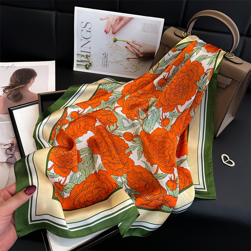 National trend peony flower small silk scarf, spring and summer satin versatile scarf, thin sun-protective headscarf, 70cm faux silk square scarf pic 1