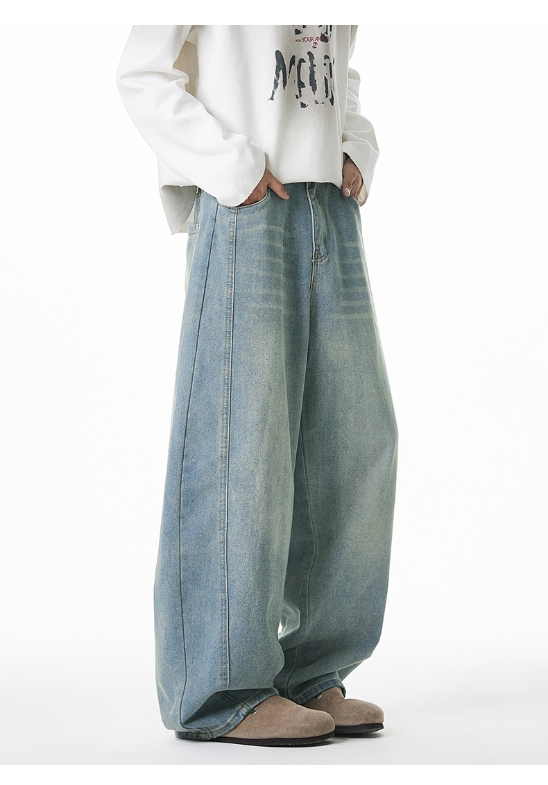 廓形宽松洗水牛仔裤男春夏新款侧边分割设计萝卜裤美式复古长裤子详情14