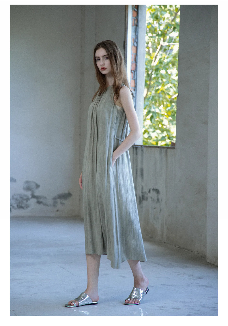 玖沐2025夏季新款亚麻无袖连衣裙女通勤宽松法式极简真口袋女装详情12