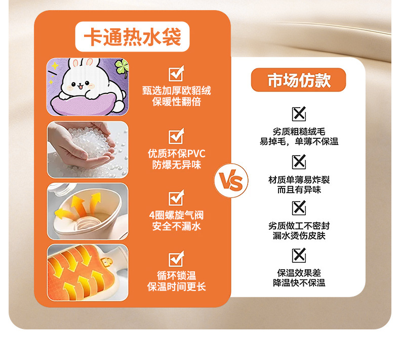 Water-filled hot water bag, cartoon and cute for warming the belly, explosion-proof hot water bag, hot compress hand warmer, skin-friendly rabbit flu-like foot warmer pic 4