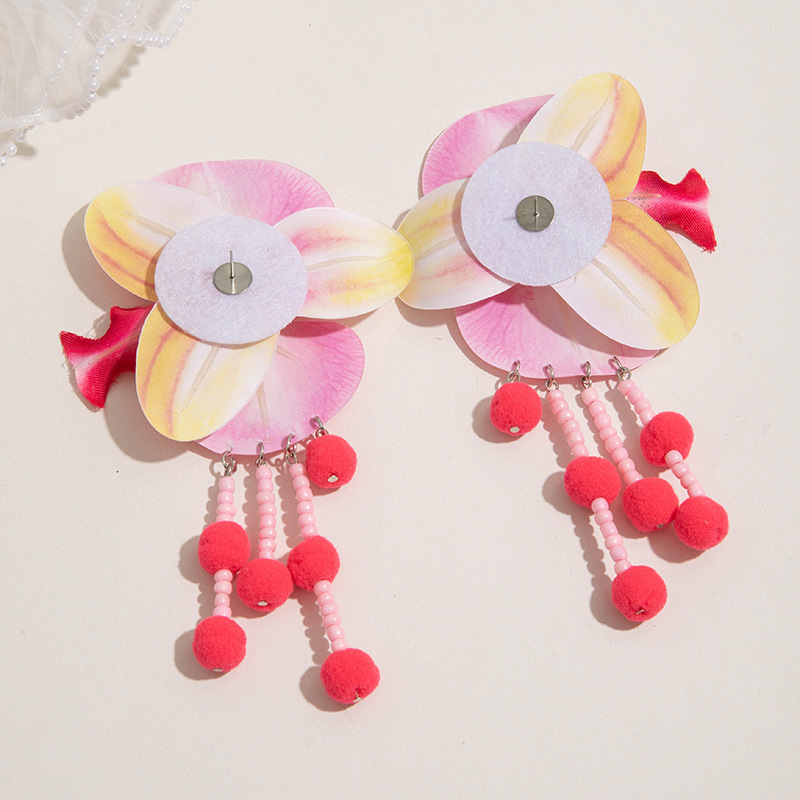 欧美跨境时尚清新布艺花朵流苏串珠优雅甜美情人节礼物耳坠耳环女详情15