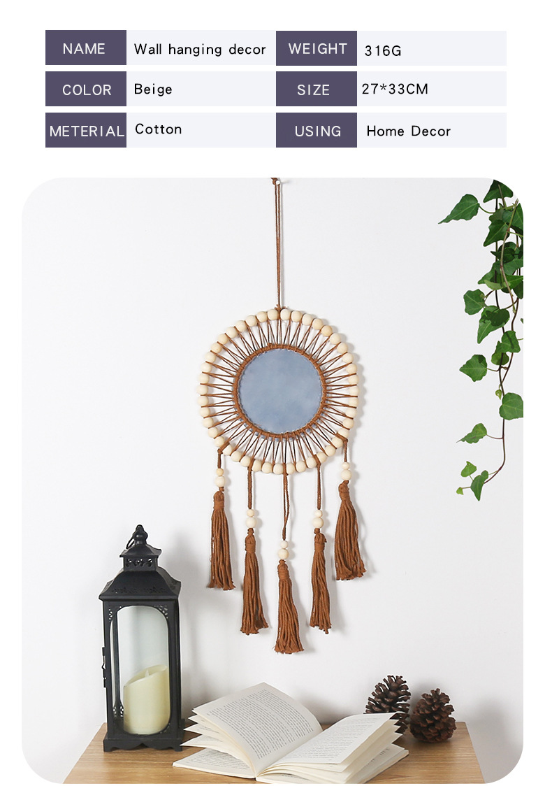 波西米亚风格木珠棉绳流苏镜子小挂饰挂件家居墙壁装饰工艺品镜子详情5