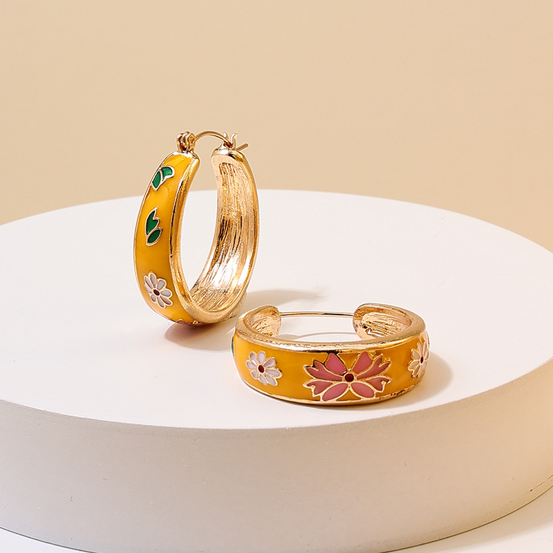 欧美精致复古时尚潮人圆圈耳扣微镶彩色百搭设计感花朵女士耳环详情3