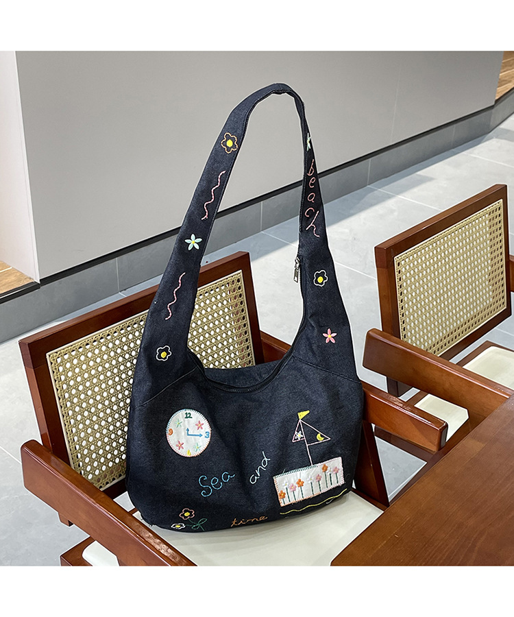 ins新款小插画牛仔斜挎包包女百搭大容量单肩包袋口拉链学生书包详情6