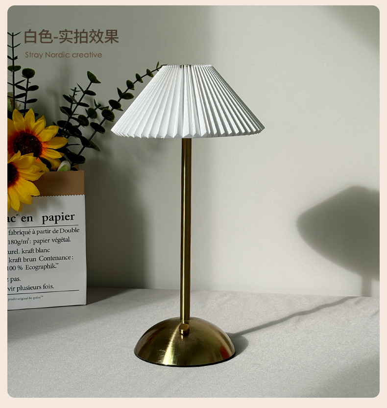 Modern and simple pleated fabric metal table lamp, cross-border bedroom bedside ambient light, rechargeable touch night light pic 14