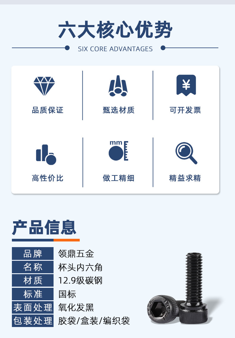 12.9级杯头内六角螺丝M1.4M2-M12 黑色碳钢高强度圆柱头加长螺栓详情17