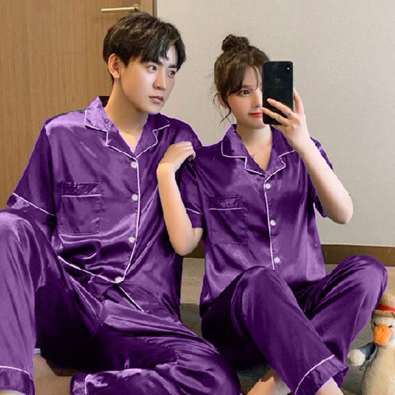 A wholesale set of short-sleeved couple pajamas for spring and autumn, featuring solid ice silk color faux silk for both men and women, can be worn as outerwear for home wear pic 3