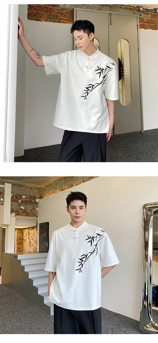Summer Chinese trend improved Chinese-style button-up T-shirt for men, short-sleeved, niche bamboo embroidery design, retro Chinese style half-sleeved top pic 3