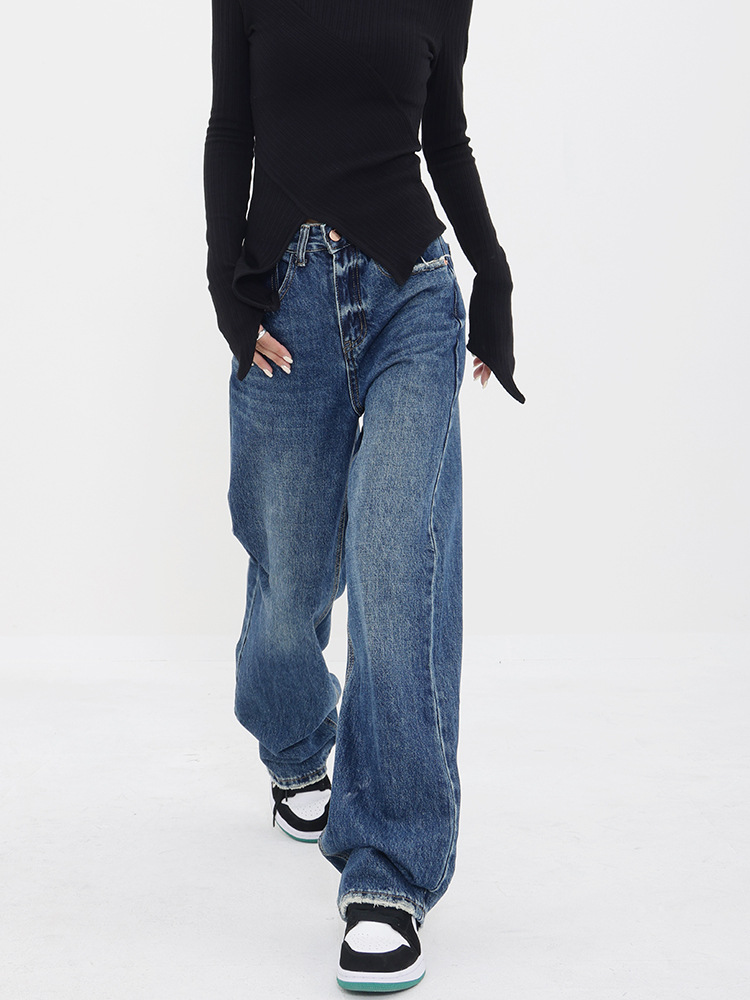Customized high-waisted straight-leg jeans for women with pockets that make them look petite. Narrow wide-leg floor-length pants for 2024 new style pic 9