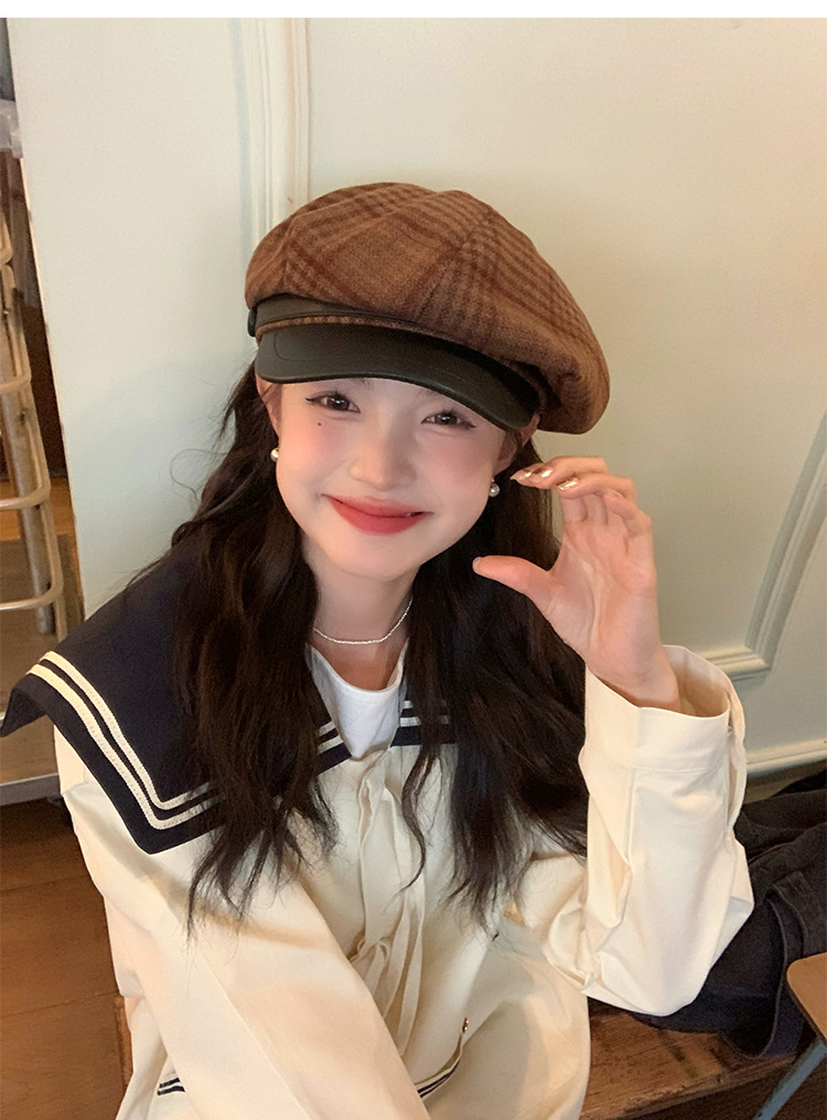 Cool and elegant checkered retro British octagonal newsboy hat for women 2024 new style face-enhancing small beret pic 7
