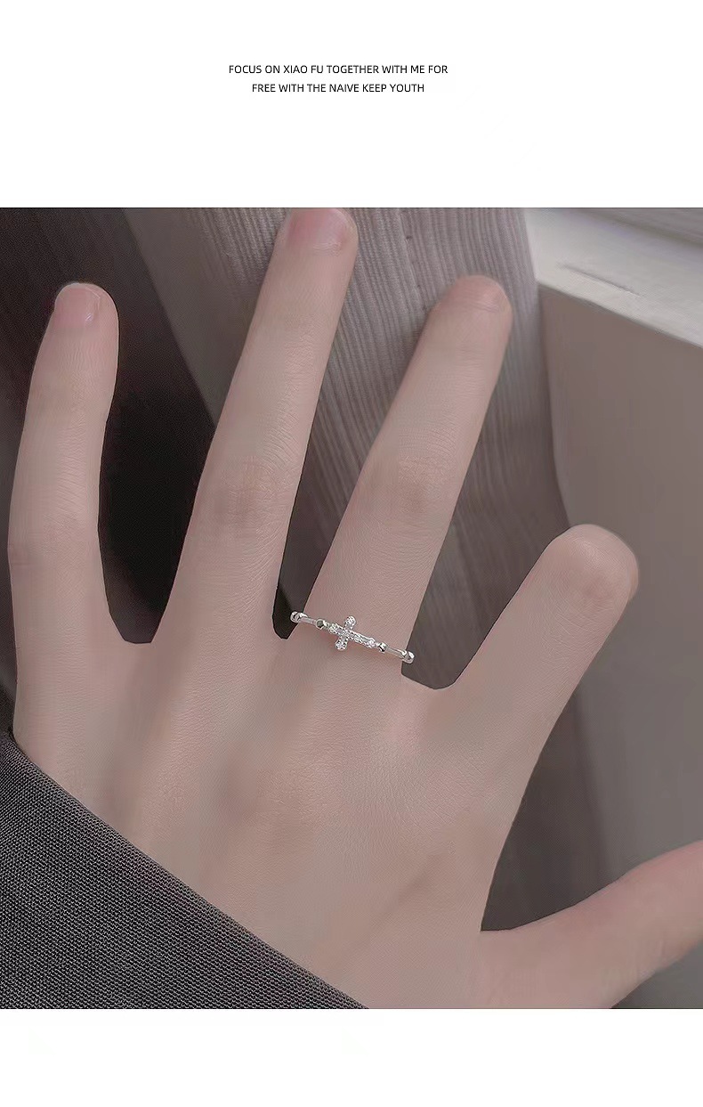925 silver-plated cross ring, a niche design for women, a high-end open plain ring, fashionable and individual, adjustable food ring pic 5