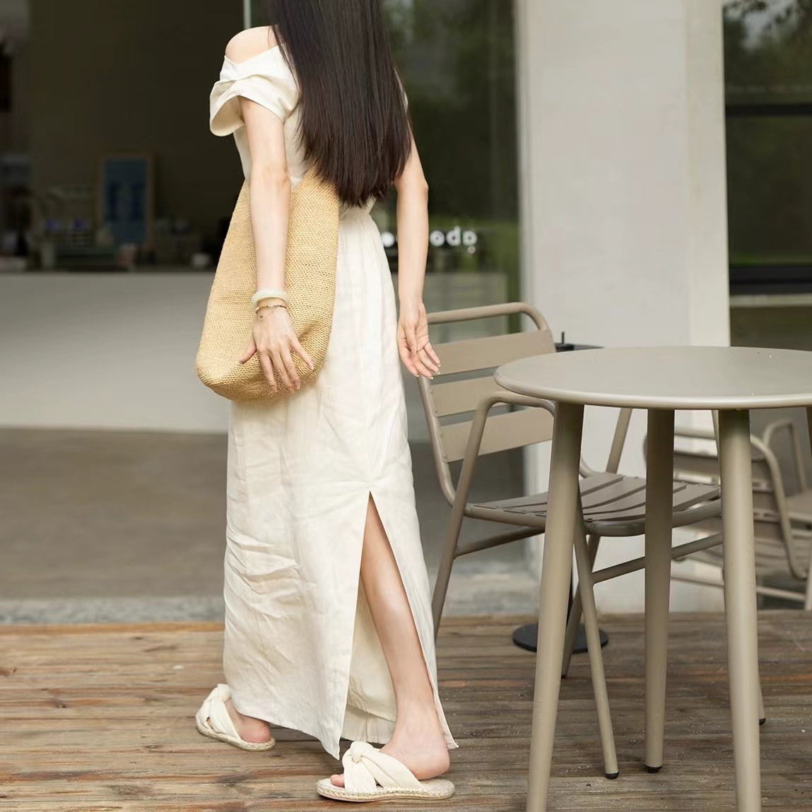 High-count pure linen French vacation-style design off-the-shoulder dress, new Chinese-style dress in stock pic 4