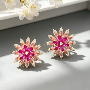 Light luxury style rotatable purple three-layer flower stud earrings, copper alloy micro-inlaid zircon s925 silver needle high-end earrings pic 1
