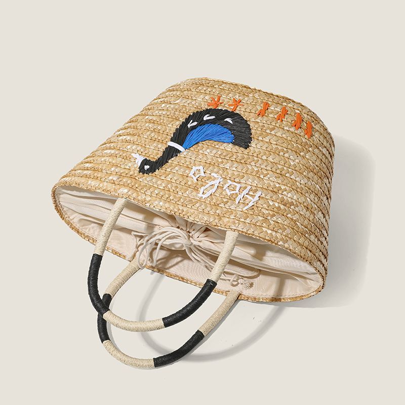 手工鸭刺绣国潮草编包包夏天女士沙滩包时尚法式菜篮包复古编织包详情5