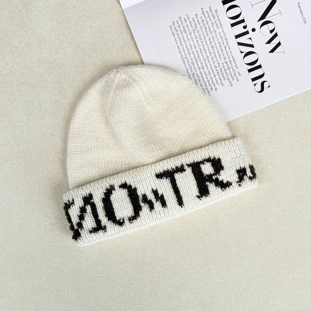Korean style InS-style letter headwear, round face hat, small woolen knitted hat, warm head wrap for women in autumn and winter pic 5